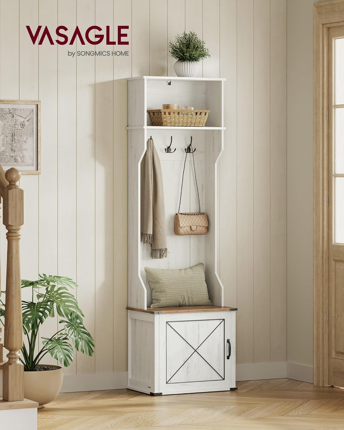 Hall Tree with Bench and Shoe Storage, Coat Rack with Shoe Bench, Entryway Furniture, 3 Tri-Hooks, Door with Handle, Farmfouse Style, Space Saving, Rustic White and Honey Brown UHSR441W01
