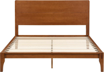 Queen Size Bamboo Platform Bed, Mid-Century Modern Bed Frame with Tall Headboard, Solid Sustainable Bedframe Queen-Size, Wood Slat Support, No Box Spring Needed, Easy Assembly, Noise Free, Brown