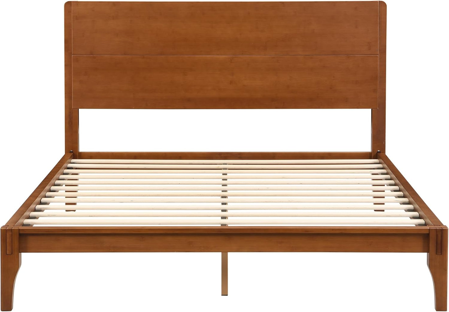 Queen Size Bamboo Platform Bed, Mid-Century Modern Bed Frame with Tall Headboard, Solid Sustainable Bedframe Queen-Size, Wood Slat Support, No Box Spring Needed, Easy Assembly, Noise Free, Brown