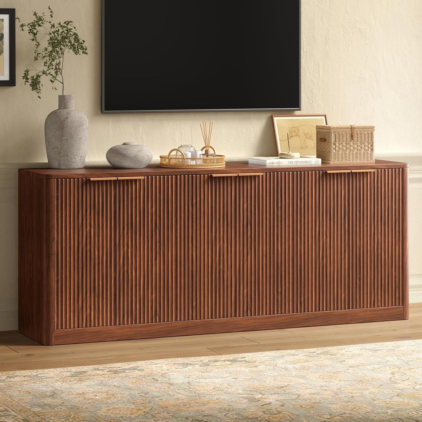67" Walnut Fluted TV Stand for Tvs up Tp 75", Mid-Century Modern Entertainment Center with Storage Cabinets and Fluted Doors, Wood Media TV Consoles for Living Room and Bedroom Furniture