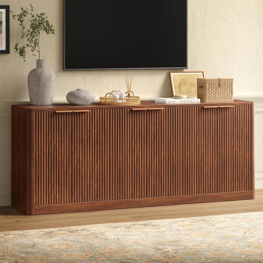 67" Walnut Fluted TV Stand for Tvs up Tp 75", Mid-Century Modern Entertainment Center with Storage Cabinets and Fluted Doors, Wood Media TV Consoles for Living Room and Bedroom Furniture