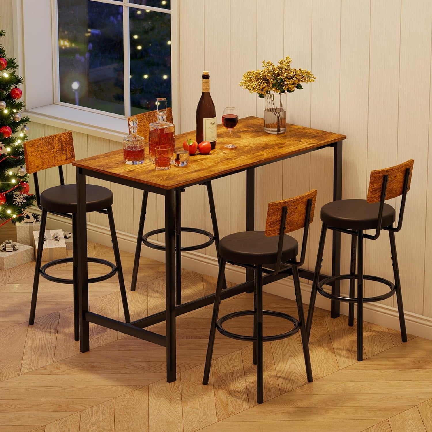 Bar Table and Chairs Set of 4, 5 Piece Counter Height High Breakfast Table Chairs Set of 4 for Dining Room, Brown
