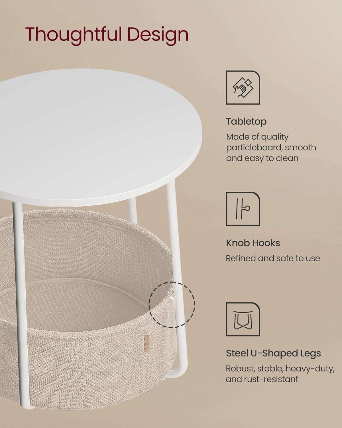 Small round Side End Table, Modern Nightstand with Fabric Basket, Cream White ULET223K67