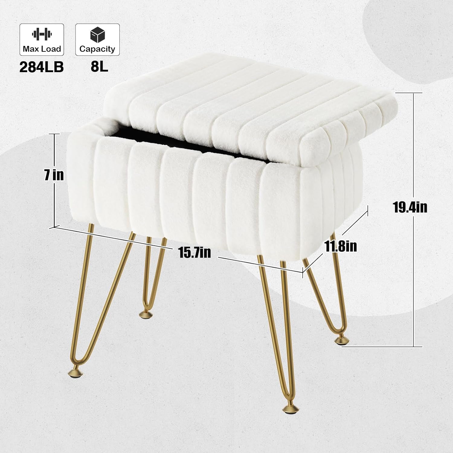 Vanity Stool Chair Faux Fur with Storage, 15.7"L X 11.8"W X 19.4"H Soft Ottoman 4 Metal Legs with Anti-Slip Feet, Furry Padded Seat, Modern Multifunctional Chairs for Makeup, Bedroom White