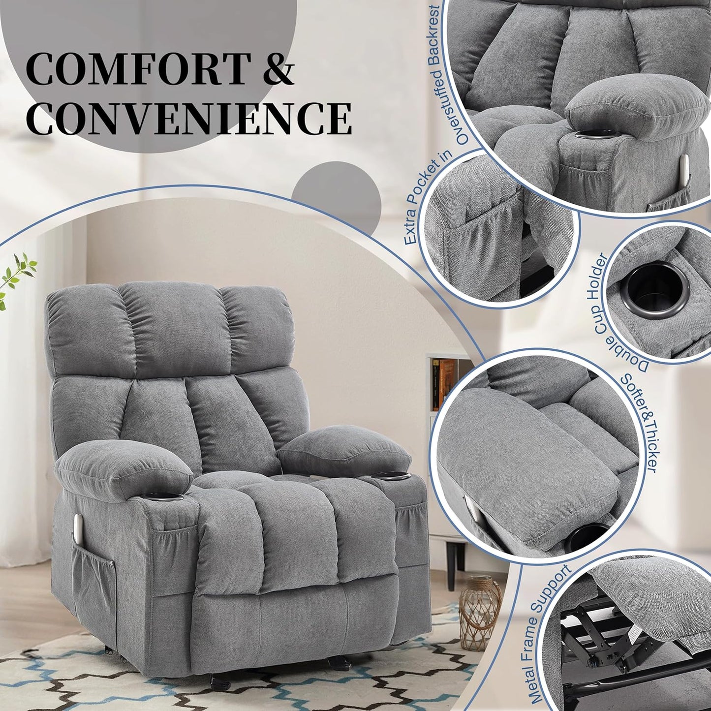 Recliner Chair with Massage Rocker Heat, Ergonomic Oversized Reclining Lounge Chair with Side Pockets, USB Charging Port, Sturdy Metal Frame, Overstuffed Nursery Rocking Chairs for Living Room