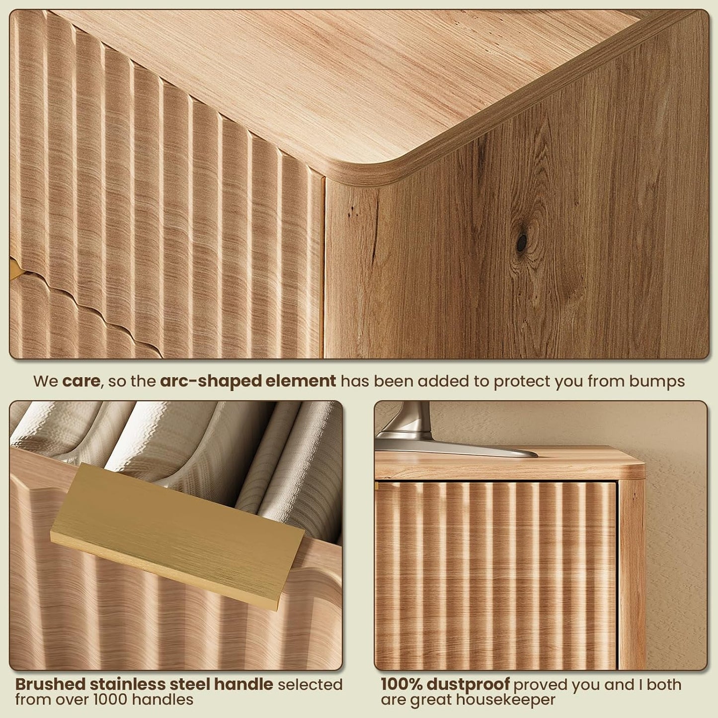 47'' Wide 6 Drawers Dresser for Bedroom,Modern Fluted Vertical Chest with Rounded Corners,Fluted Dresser for Living Room,Hallway, Natural Wood