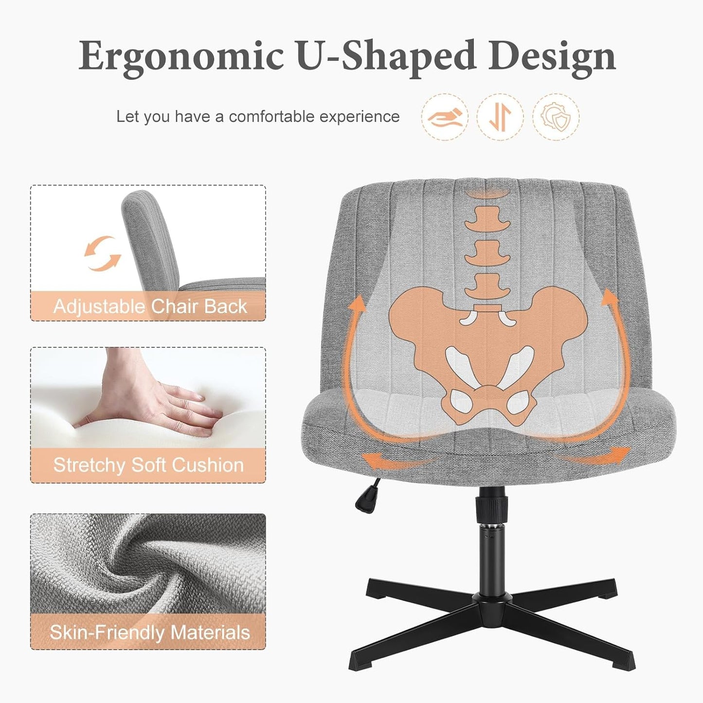 Criss Cross Chair Legged, Armless Office Wide Desk Chair No Wheels, Swivel Vanity Height Adjustable Fabric Modern Computer Task Seating for Home - Grey