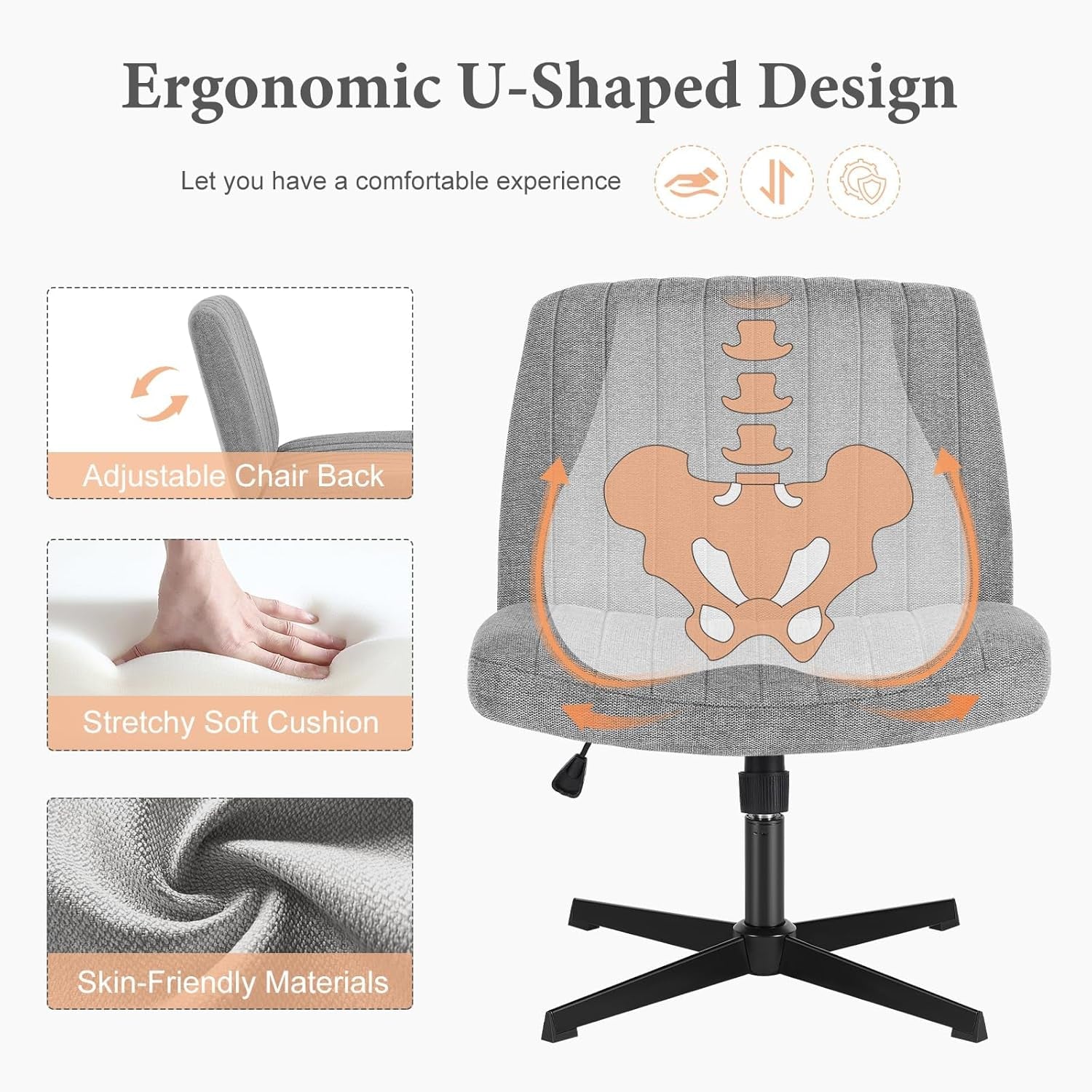 Criss Cross Chair Legged, Armless Office Wide Desk Chair No Wheels, Swivel Vanity Height Adjustable Fabric Modern Computer Task Seating for Home - Grey