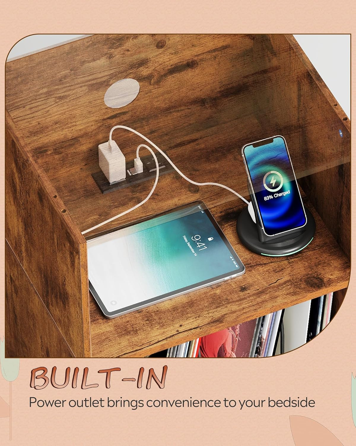 Record Player Stand, Modern Nightstand with Storage, Small Space Bedside Table, End Table for Bedroom & Living Room, Mid Century Night Stand, Rustic Brown
