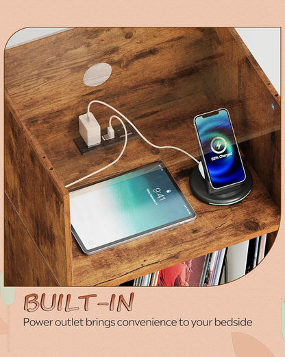 Record Player Stand, Modern Nightstand with Storage, Small Space Bedside Table, End Table for Bedroom & Living Room, Mid Century Night Stand, Rustic Brown