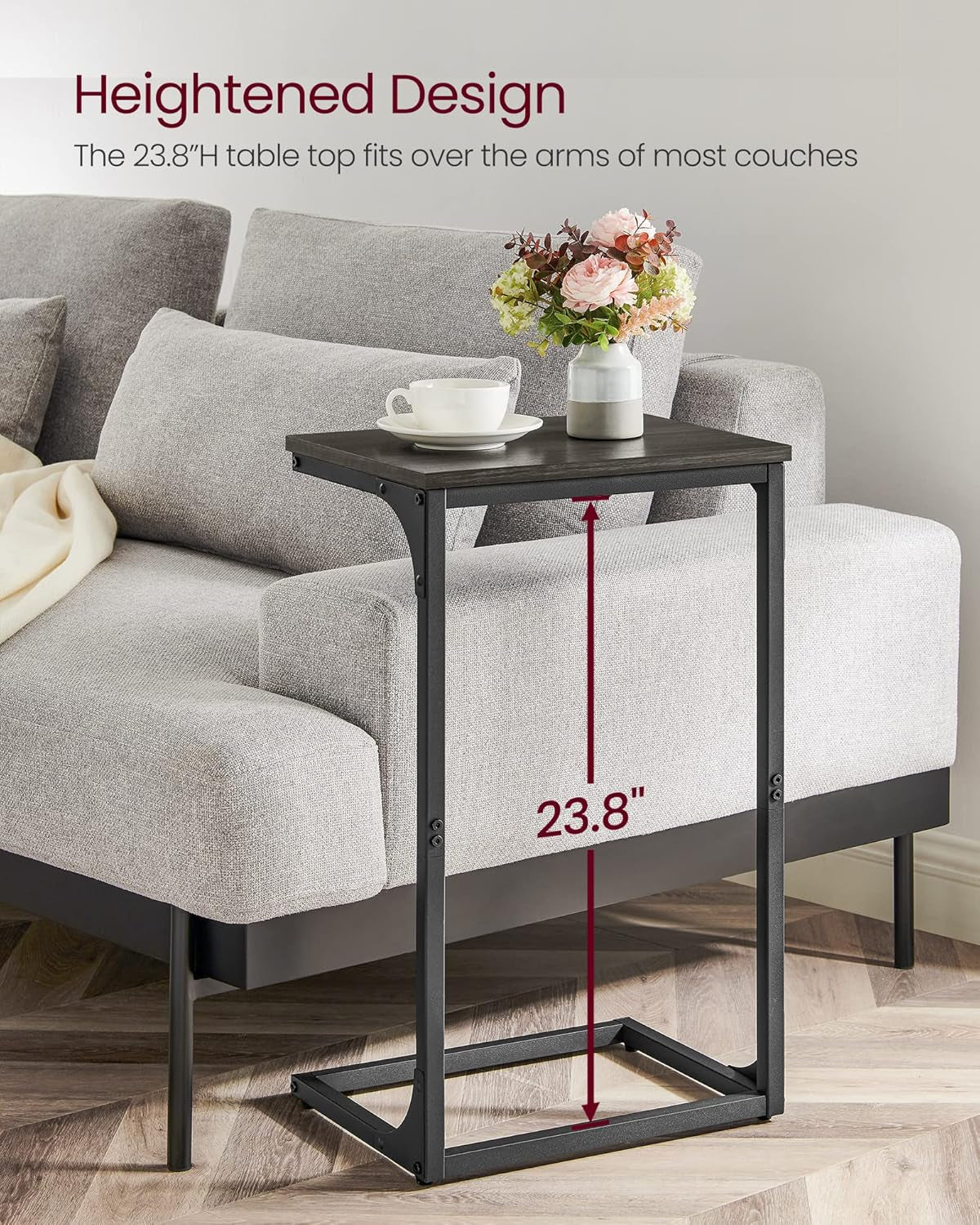 C-Shaped End Table Set, Side Table for Sofa, Couch with Metal Frame, Small TV Tray for Living Room, Bedroom, Greige and Black