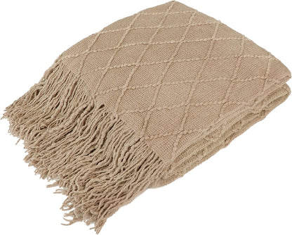 Tan Taupe Knit Throw Blanket for Couch Bed, Soft Knitted Farmhouse Sofa Throw for Living Room, Lightweight Decorative Fall Throw Blanket for Chair, Outdoor Textured Boho Blanket, 50X60
