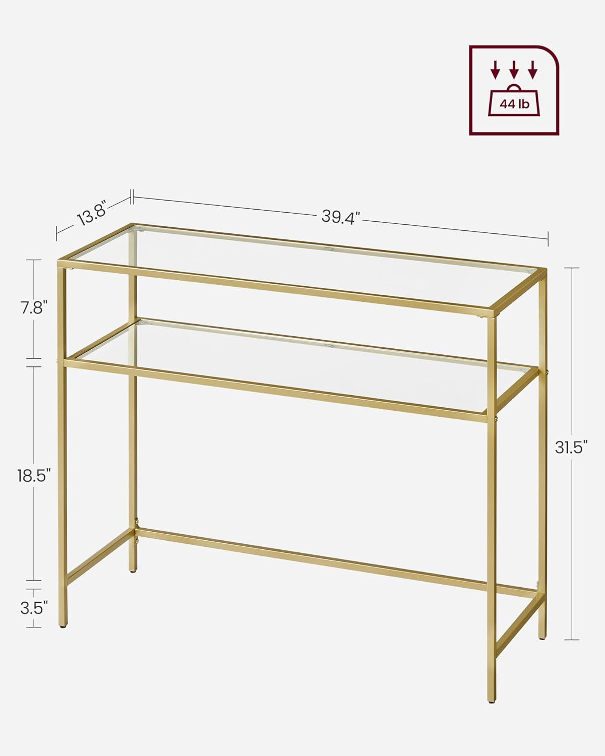 39.4 Inch Console Sofa Table, Modern Entryway Table, Tempered Glass Table, Metal Frame, 2 Shelves, Adjustable Feet, for Living Room, Hallway, Gold Color ULGT025A01