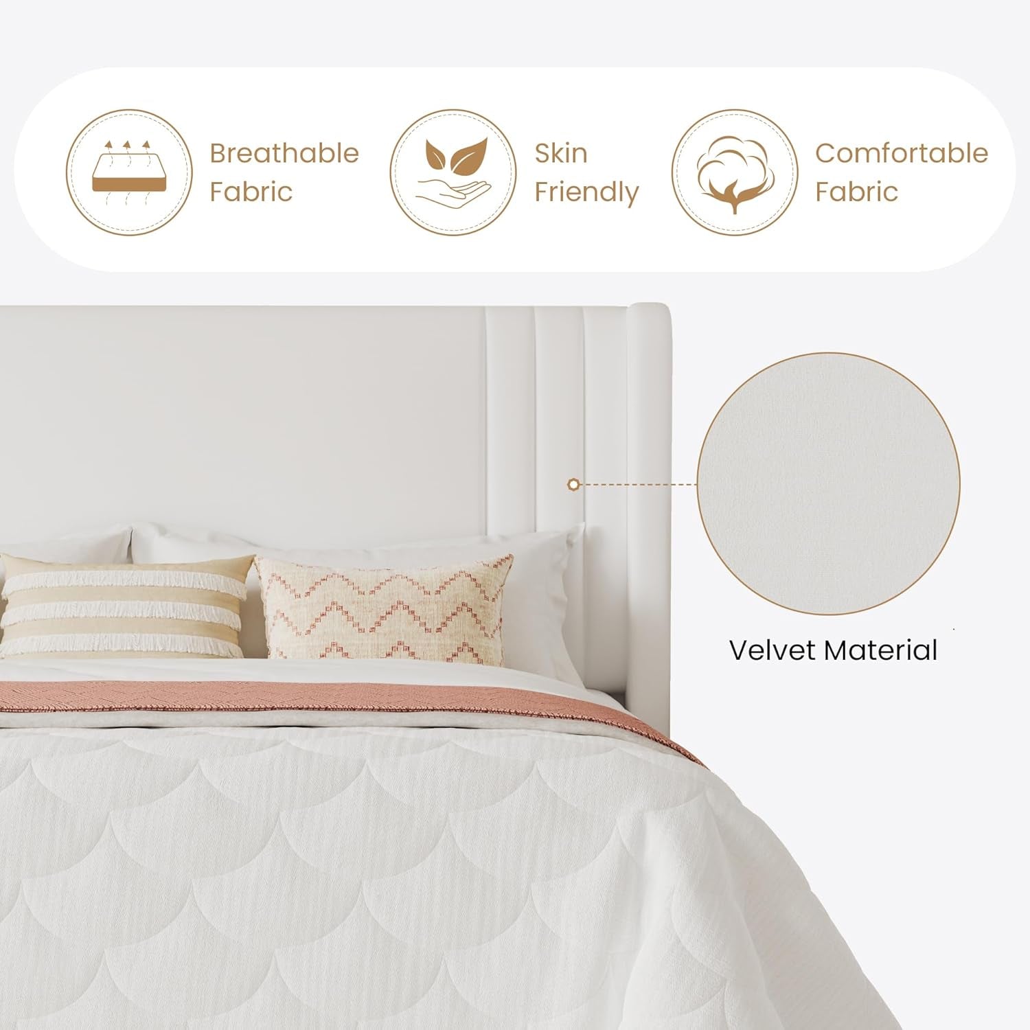 Queen Size Velvet Upholstered Platform Bed Frame with Vertical Channel Tufted Wingback Headboard, Wooden Slats Support, Easy Assembly, under Bed Storage, No Box Spring Required, White