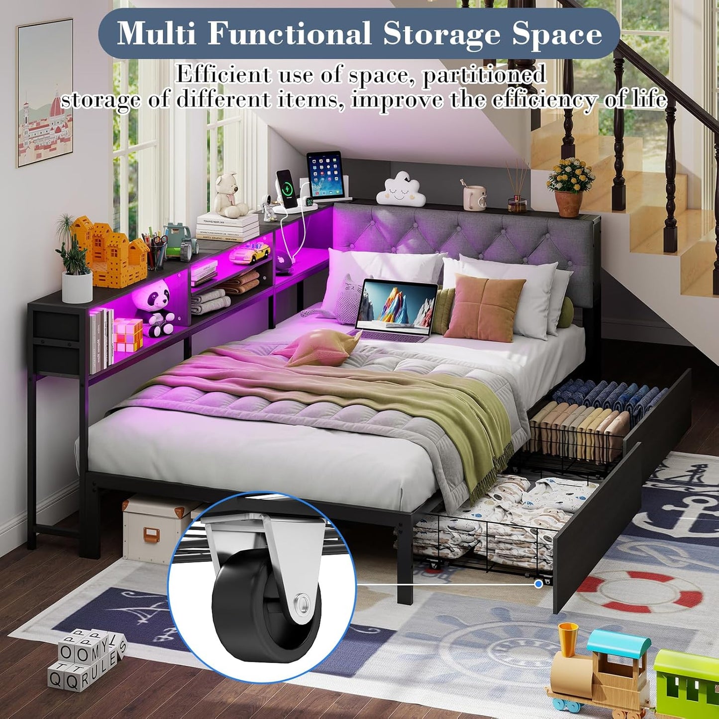 Corner Bed Frame with Storage Bookcase and LED Lights Twin XL Platform Bed Frame with Upholstered Headboard and Charging Station, Twin XL Daybed with 2 Storage Drawers, Rustic Brown & Gray