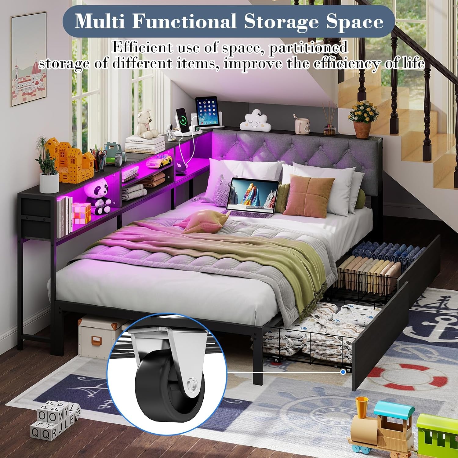 Corner Bed Frame with Storage Bookcase and LED Lights Twin XL Platform Bed Frame with Upholstered Headboard and Charging Station, Twin XL Daybed with 2 Storage Drawers, Rustic Brown & Gray