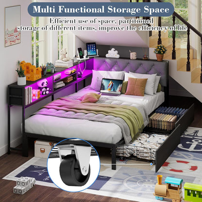 Twin Corner Bed Frame with Storage Bookcase and 2 Drawers, Twin Daybed with LED Lights and Charging Station, Upholstered Platform Bed with Headboard, Rustic Brown & Gray (Rustic Brown, Twin)