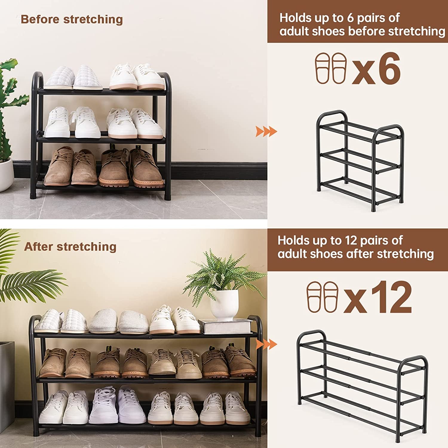 3-Tier Expandable Shoe Rack,Adjustable Shoe Shelf Storage Organizer Heavy Duty Metal Free Standing Shoe Rack for Entryway Closet Doorway (Black)