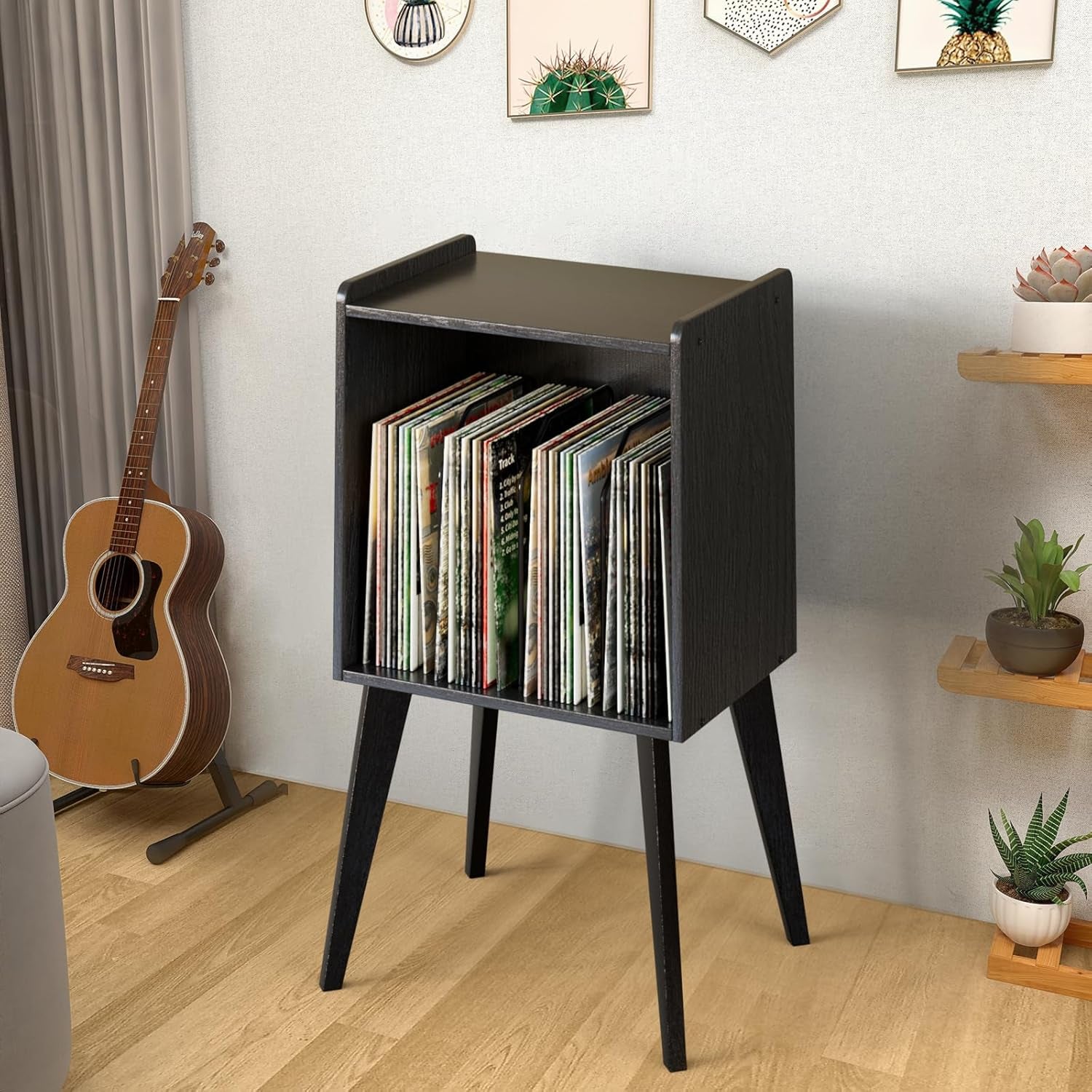 Record Player Stand – Mid-Century Vinyl Record Storage Stand Holds up to 160 Albums, Small Space Record Player Organizer Shelf with Wood Legs, Turntable Stand for Living Room, Bedroom