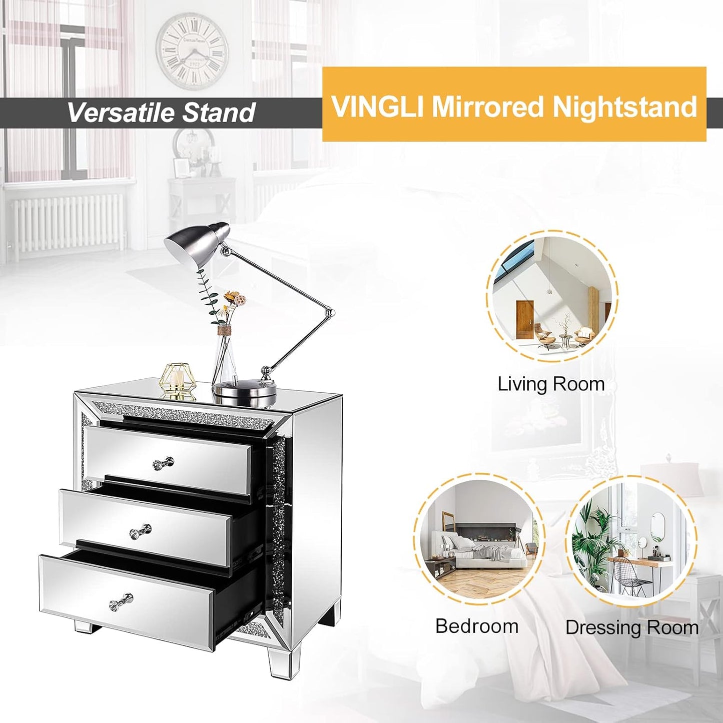 Mirrored Nightstands Set of 2, 23" W Glass Mirror Night Stand Set of 2, Modern Bedside Table 3 Drawer Glass Side End Table Silver Dresser for Bedroom, 23”W X 13.8”D X 24.8”H