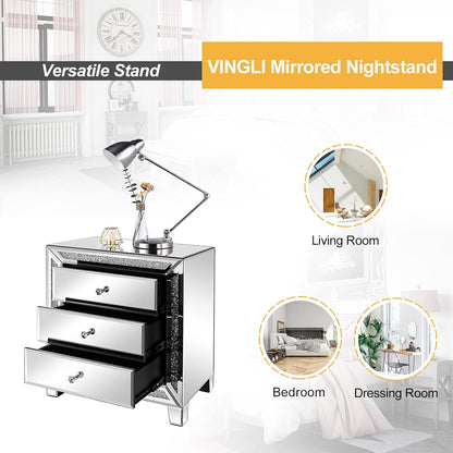 Mirrored Nightstands Set of 2, 23" W Glass Mirror Night Stand Set of 2, Modern Bedside Table 3 Drawer Glass Side End Table Silver Dresser for Bedroom, 23”W X 13.8”D X 24.8”H