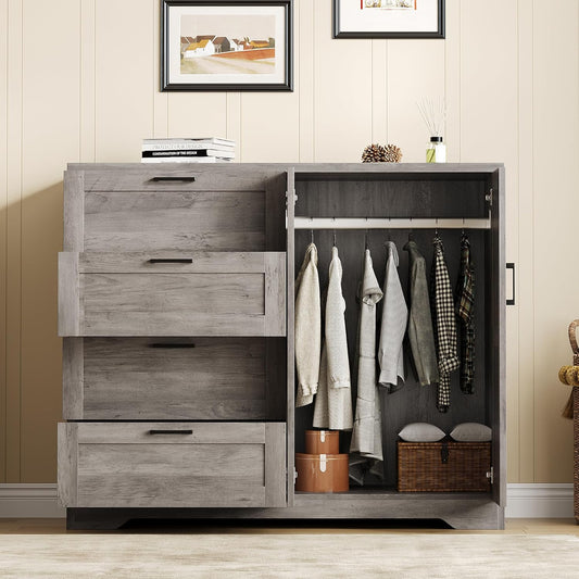 43.3'' H Armoire Wardrobe Closet with 4 Drawers and 2 Doors, Hanging Rod, Multifunctional Wooden Dresser with Storage Closet, Bathroom Cabinet for Bedroom, Gray