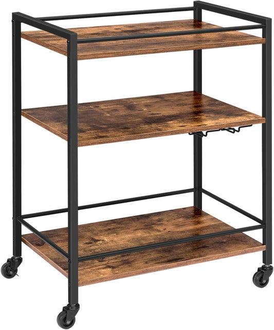 Bar Cart for the Home, Serving Cart with Wine Glass Hooks, Rolling Kitchen Cart with Lockable Wheels, 25.2 X 15.7 X 33.3 Inches Beverage Cart with Storage Shelves, Rustic Brown BF02TC01