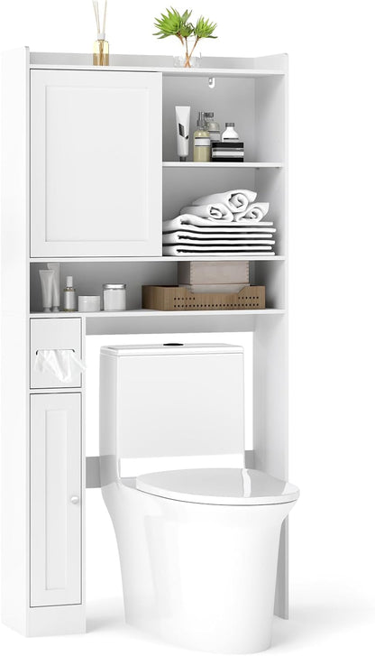 over the Toilet Cabinet, Freestanding Bathroom Space Saver with Sliding Door, Adjustable Shelves, Toilet Paper Holder, Modern Bathroom Cabinet above Toilet for Restroom, Laundry Room (White)