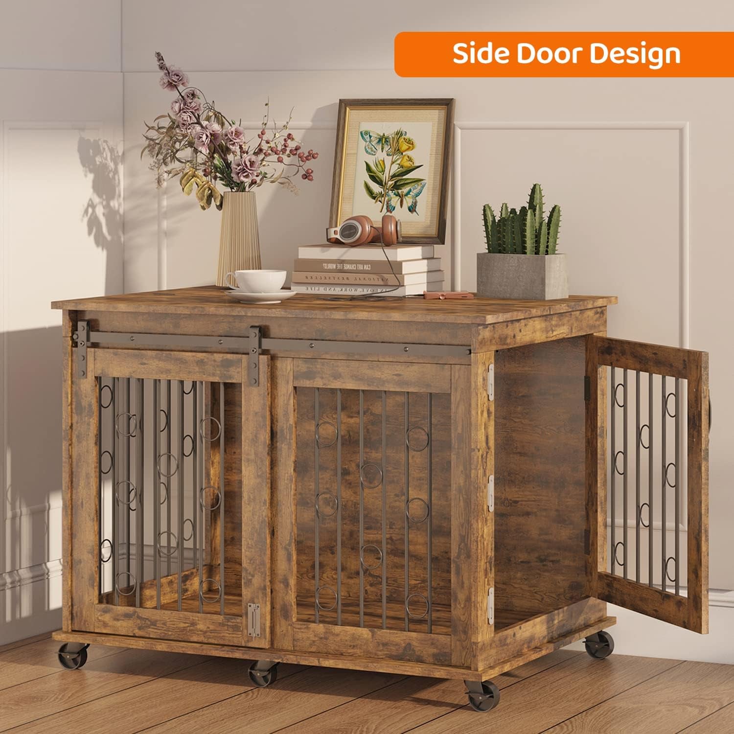 Large Dog Crate Furniture, 47" Wooden Dog Kennel with Sliding Barn Door, Flip-Top Lid & Wheels, Indoor Pet Crate Table with Detachable Divider for Small/Medium/Large Dogs (Rustic Grey)