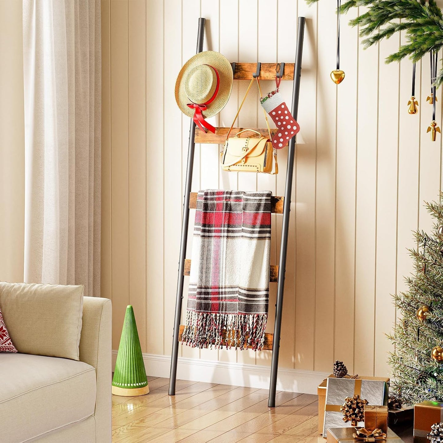 Blanket Ladder, 5-Tier Towel Rack with Hooks, Wall-Leaning Blanket Rack, Decorative Display Ladder Shelf, for Scarves, Industrial, Living Room, Bedroom, Rustic Brown and Black BF52CJ01