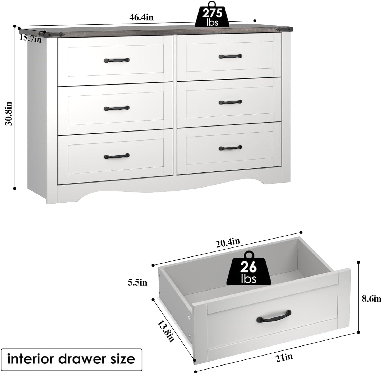 Farmhouse 6 Drawer Dresser for Bedroom, Wood Dresser Chest of Drawers, Wide Dressers Organizer with Metal Handles, Natural Texture Storage Cabinet for Closet, Living Room, Hallway (White)