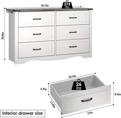Farmhouse 6 Drawer Dresser for Bedroom, Wood Dresser Chest of Drawers, Wide Dressers Organizer with Metal Handles, Natural Texture Storage Cabinet for Closet, Living Room, Hallway (White)