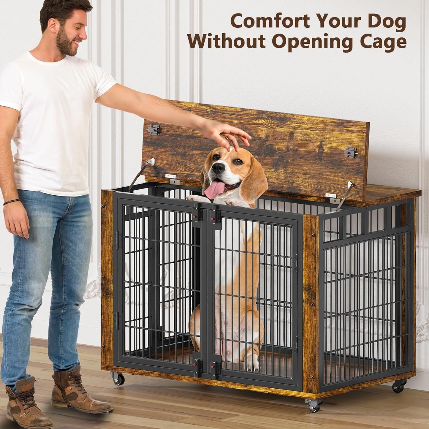 90% Pre-Assembled 33" Small and Meidum Dog Kennel Indoor Furniture, Wooden Dog Crate Furniture with Top-Access Teasing/Feeding Doors, for Medium and Small Breed, with Wheels Moveable