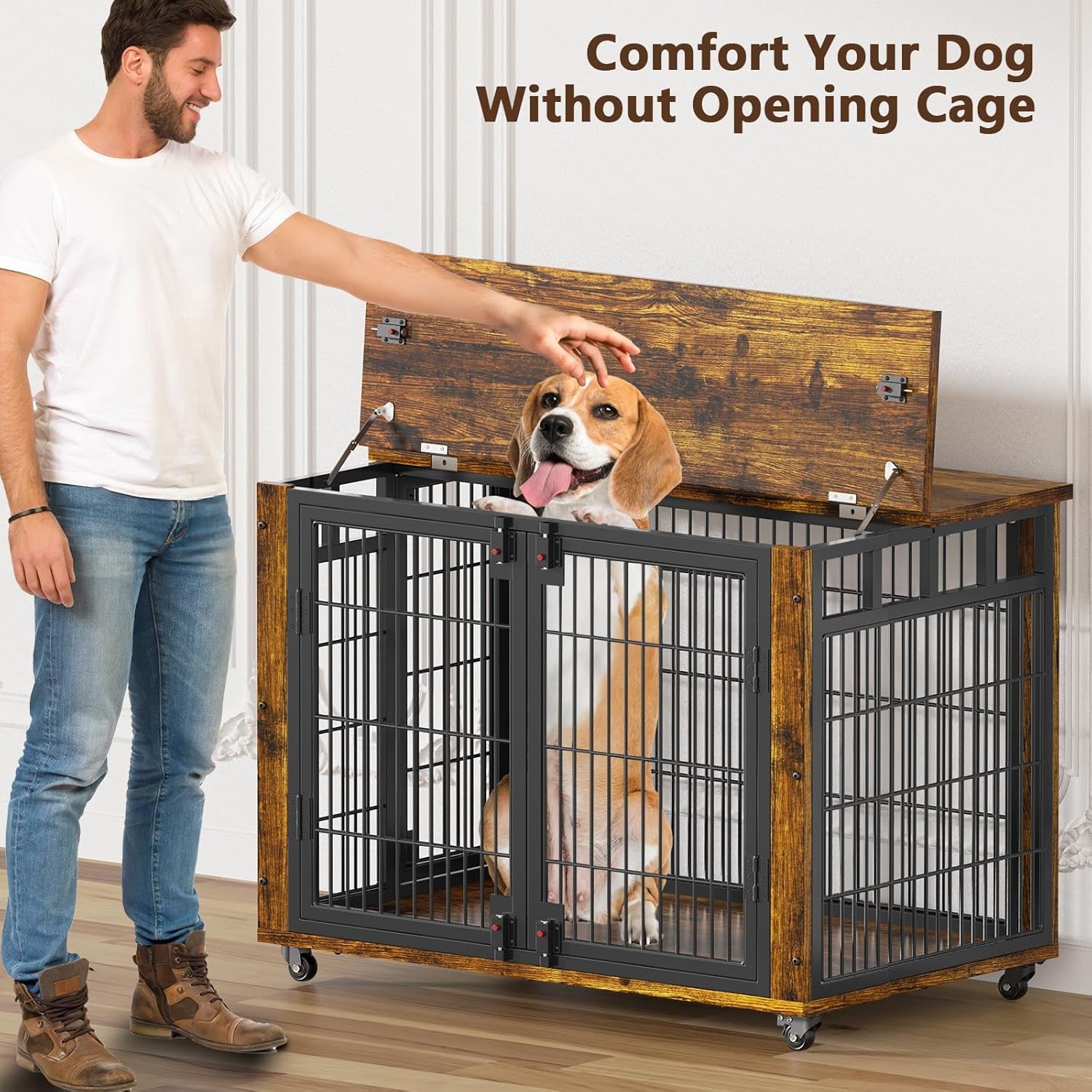 90% Pre-Assembled 41" Moveable XL Dog Crate, Large Dog Crate Furniture with Top-Access Teasing/Feeding Doors, Chew-Resistant Dog Kennel Indoor Furniture for Medium and Large Dogs
