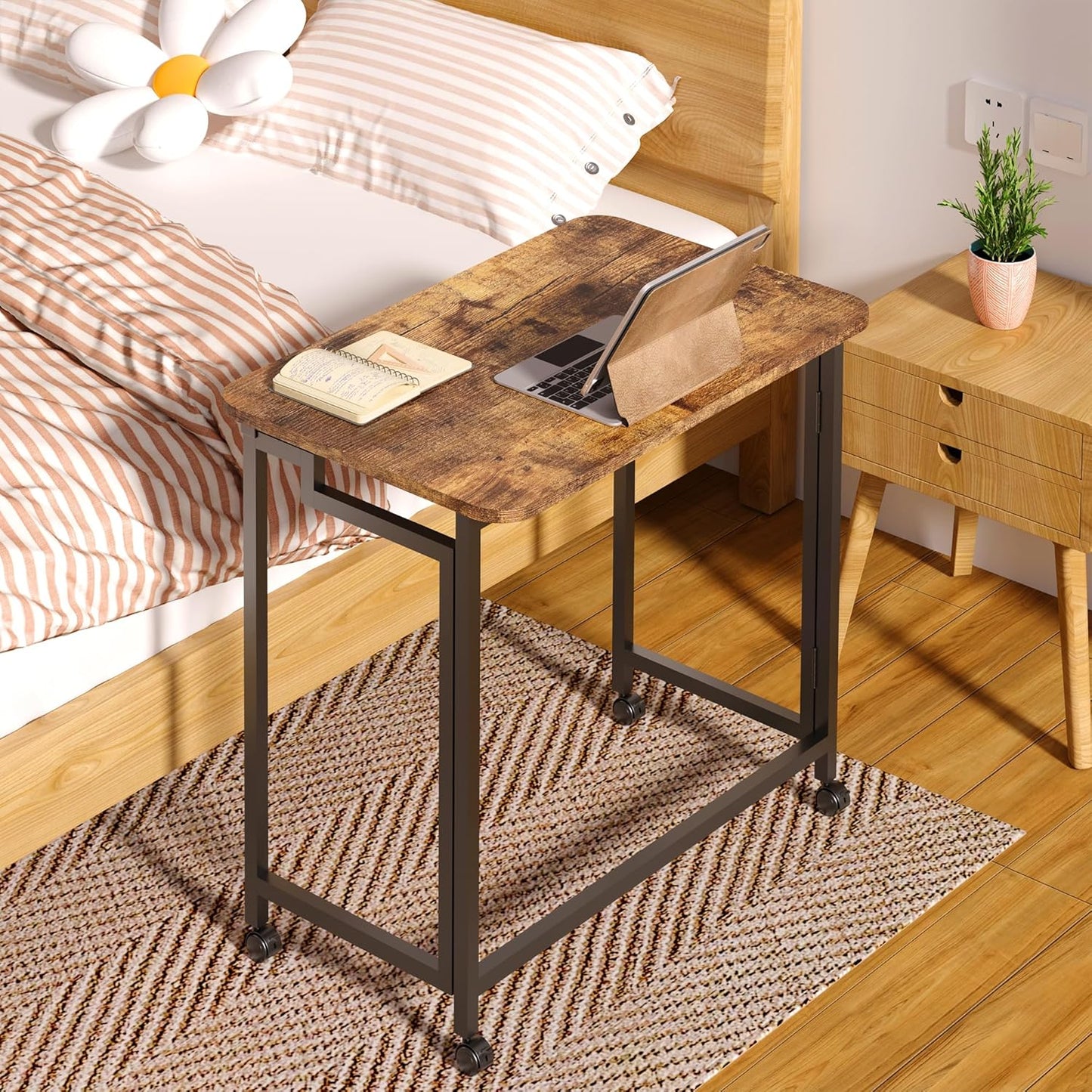 23.6" Mobile Small Rolling Computer Desk, Folding Laptop Cart Table with Wheels, Portable Office Desk for Small Space Couch Bed - Rustic Brown and Black