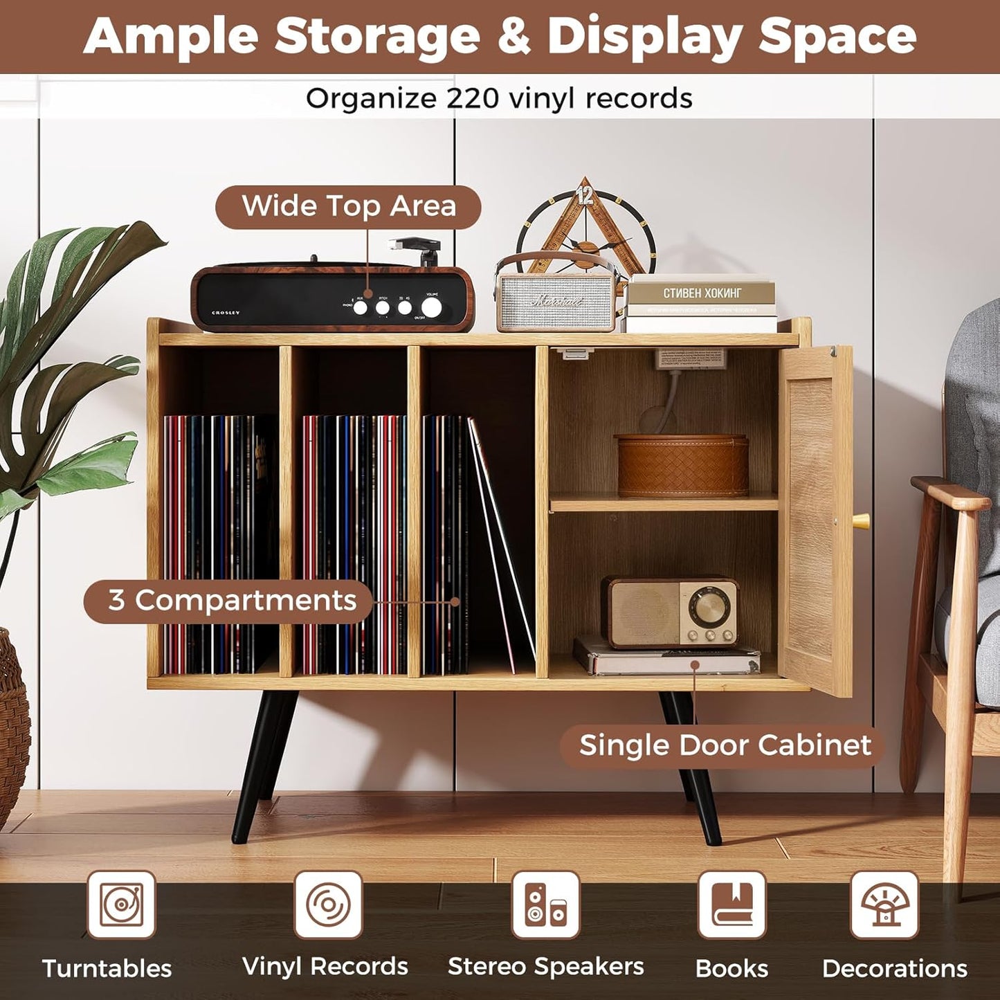 Mid Century Record Player Stand with Charging Station, Rattan Turntable Stand with Storage Cabinet & Adjustable Shelf, Boho Record Player Table, Vinyl Record Storage for Living Room, Bedroom