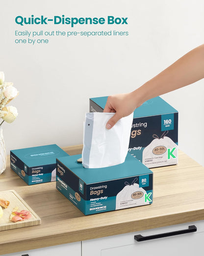 Trash Bags for 13-Gallon (50 L) Trash Cans, Drawstring Kitchen Garbage Bags, Pre-Separated, Quick-Dispense Box, Liner Code K, 2 Rolls, 80 Count, White UKRB051A02