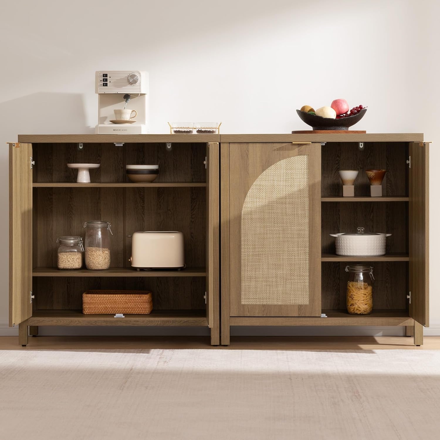 68" W Rattan Sideboard Buffet Cabinet with Storage Set of 2, Mid Century Modern Credenza with Arch Doors & Shelves Farmhouse Coffee Bar Media Console Cabinets for Living Room, Entryway