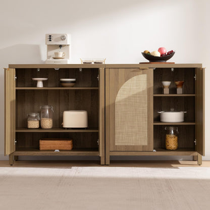 68" W Rattan Sideboard Buffet Cabinet with Storage Set of 2, Mid Century Modern Credenza with Arch Doors & Shelves Farmhouse Coffee Bar Media Console Cabinets for Living Room, Entryway
