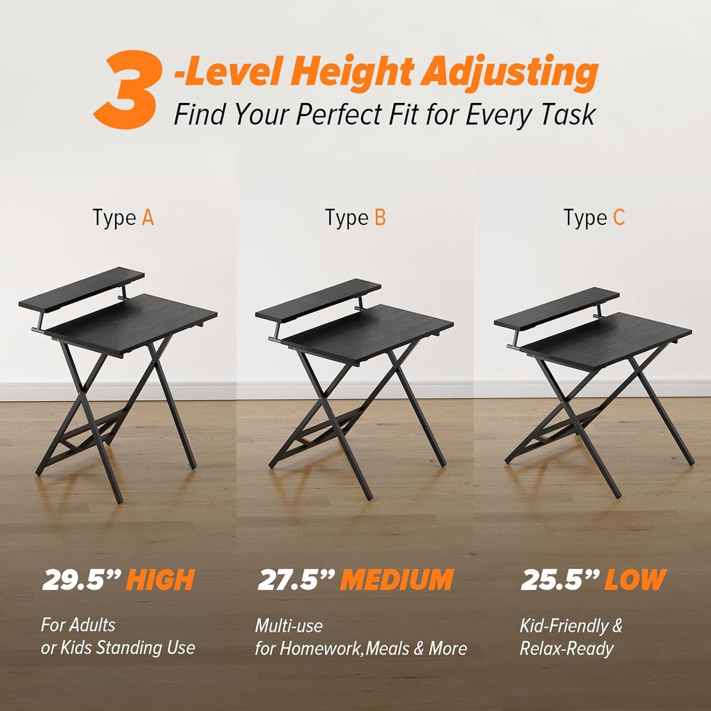 Folding Computer Desk with Adjustable Height, 23.6" X 31.5" X 25.6" Foldable Table with Monitor Stand, Small Office Desk for Bedroom, Space Saving Desk for Home Office, Easy Assemble, Black