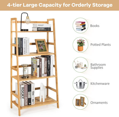 Ladder Shelf, 4 Tier Bamboo Ladder Bookshelf, 48’’ Tall Freestanding Bookcase Storage Rack Plant Stand for Living Room, Balcony, Office, Bedroom, Farmhouse Wooden Ladder Bookshelf, Natural