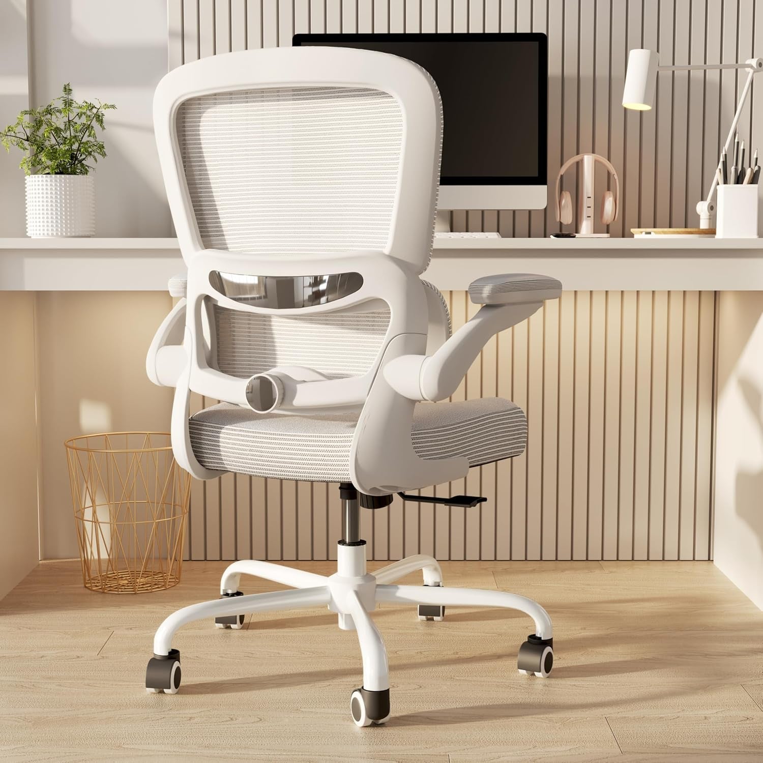Ergonomic Office Chair - Desk Chair with Adjustable Lumbar Support Computer Chair - Mesh Comfy Chair with Flip-Up Armrests - Gaming Chairs for Adults Home Office (Leather, White)