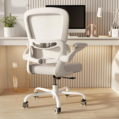 Ergonomic Office Chair - Desk Chair with Adjustable Lumbar Support Computer Chair - Mesh Comfy Chair with Flip-Up Armrests - Gaming Chairs for Adults Home Office (Leather, White)