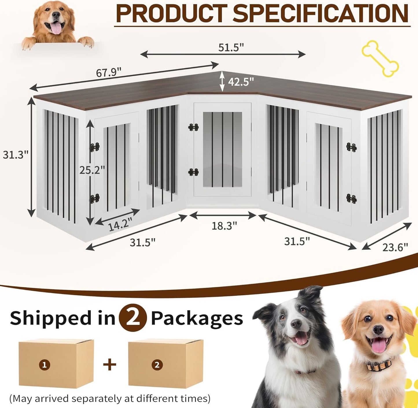 Large Dog Crate Furniture for 3 Dogs, 113'' Corner Dog Crate with Divider, 3 in 1 Heavy Duty Indoor Wooden Dog Kennel Furniture for Small Medium Large Dogs, White