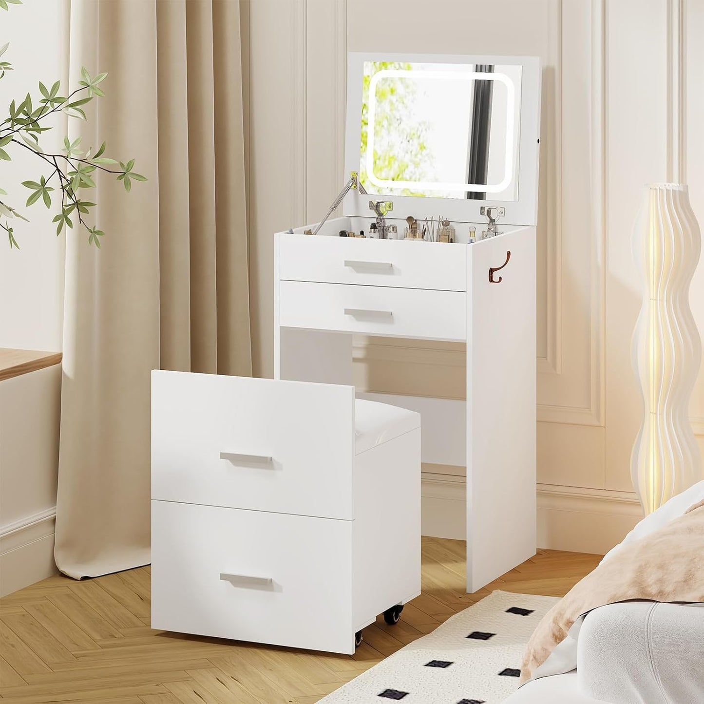 3 in 1 Vanity Desk, Compact Vanity with 3 Drawers, Makeup Desk with Flip-Up 3 Colors Lighting Mirror and Cushioned Stool, Small Vanities Nightstand Perfect for Bedroom, White