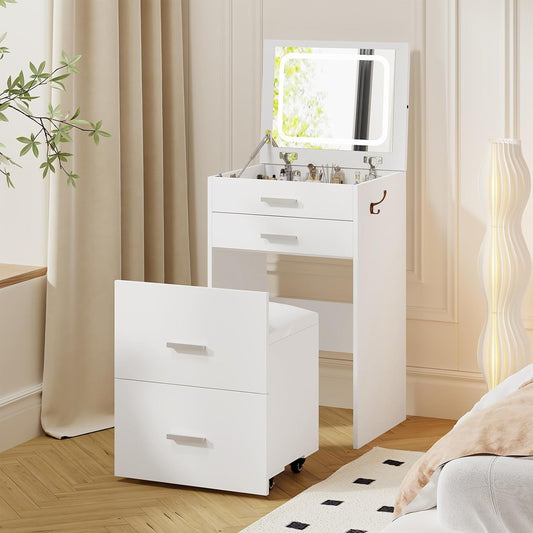 3 in 1 Vanity Desk, Compact Vanity with 3 Drawers, Makeup Desk with Flip-Up 3 Colors Lighting Mirror and Cushioned Stool, Small Vanities Nightstand Perfect for Bedroom, White