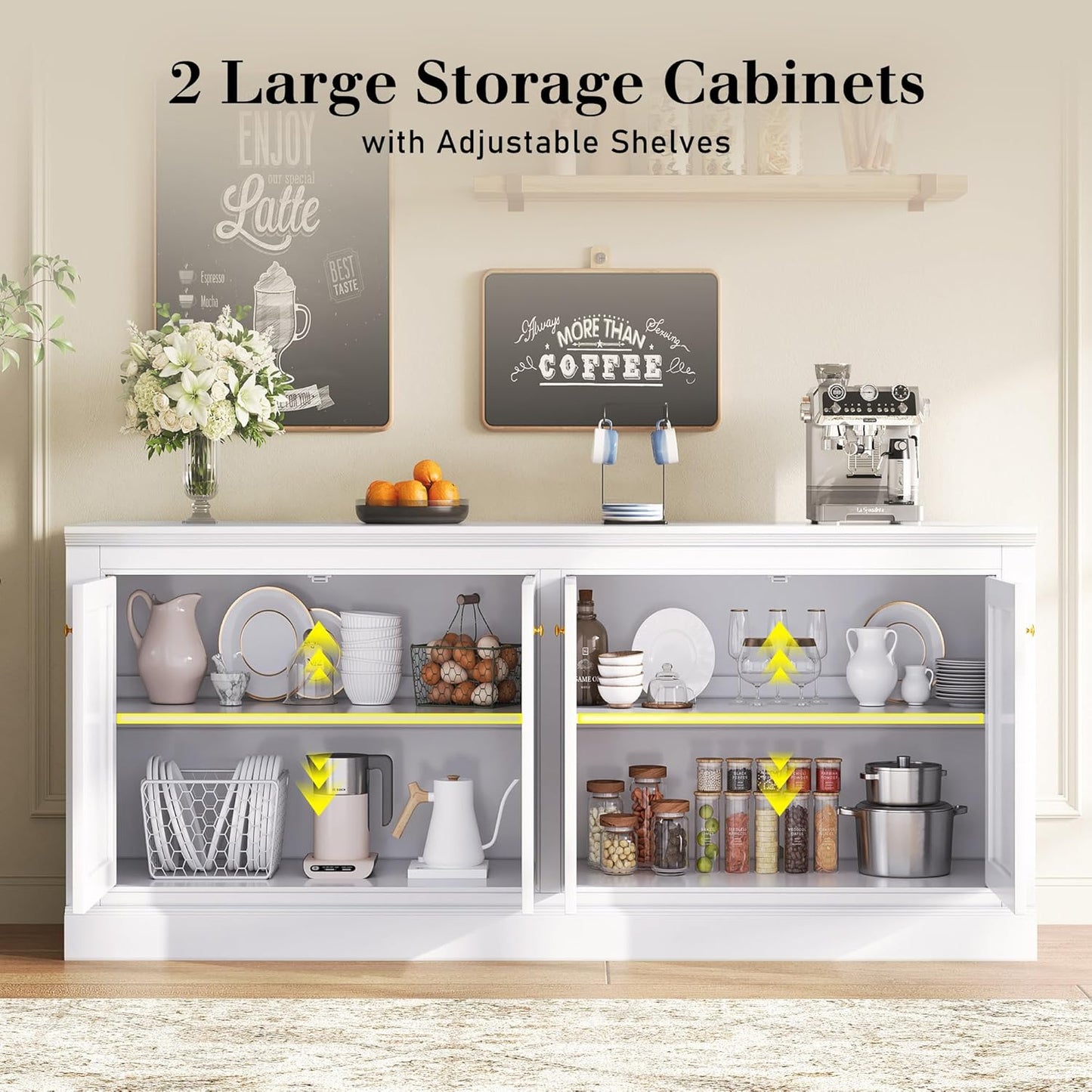 72" Farmhouse Sideboard Buffet Cabinet with Barn Doors, Storage Console Table with Adjustable Shelves, Coffee Bar/Tv Stand for Living Room, Kitchen, Entryway, White