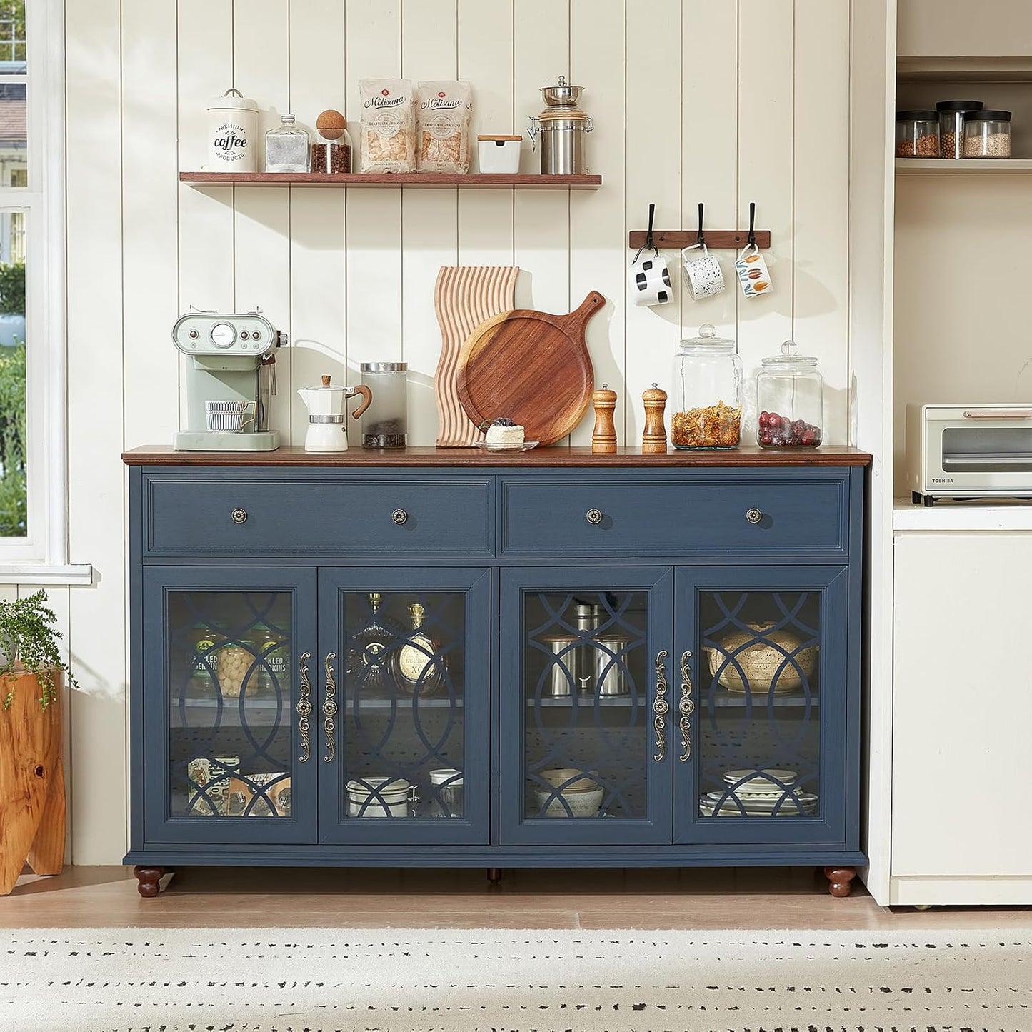 Farmhouse Sideboard Buffet Cabinet with Storage,59" Large Credenza with 4 Glass Doors & 2 Drawers,Adjustable Shelves Console Table,Wood Kitchen Coffee Bar for Dining Room,Living Room,Navy Blue