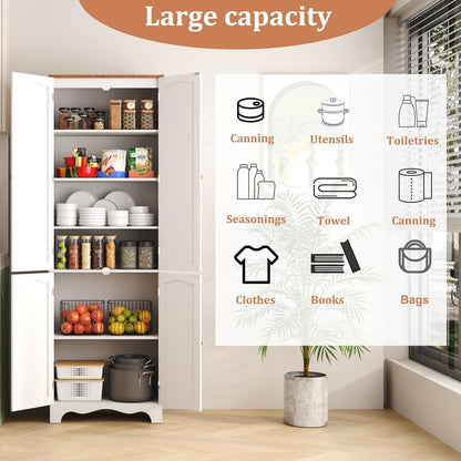 72" Kitchen Pantry Cabinet, Freestanding Storage Cabinets, Tall Food Pantry with Doors and Adjustable Shelves, Utility Floor Cabinet for Kitchen Dining Room Living Room, White