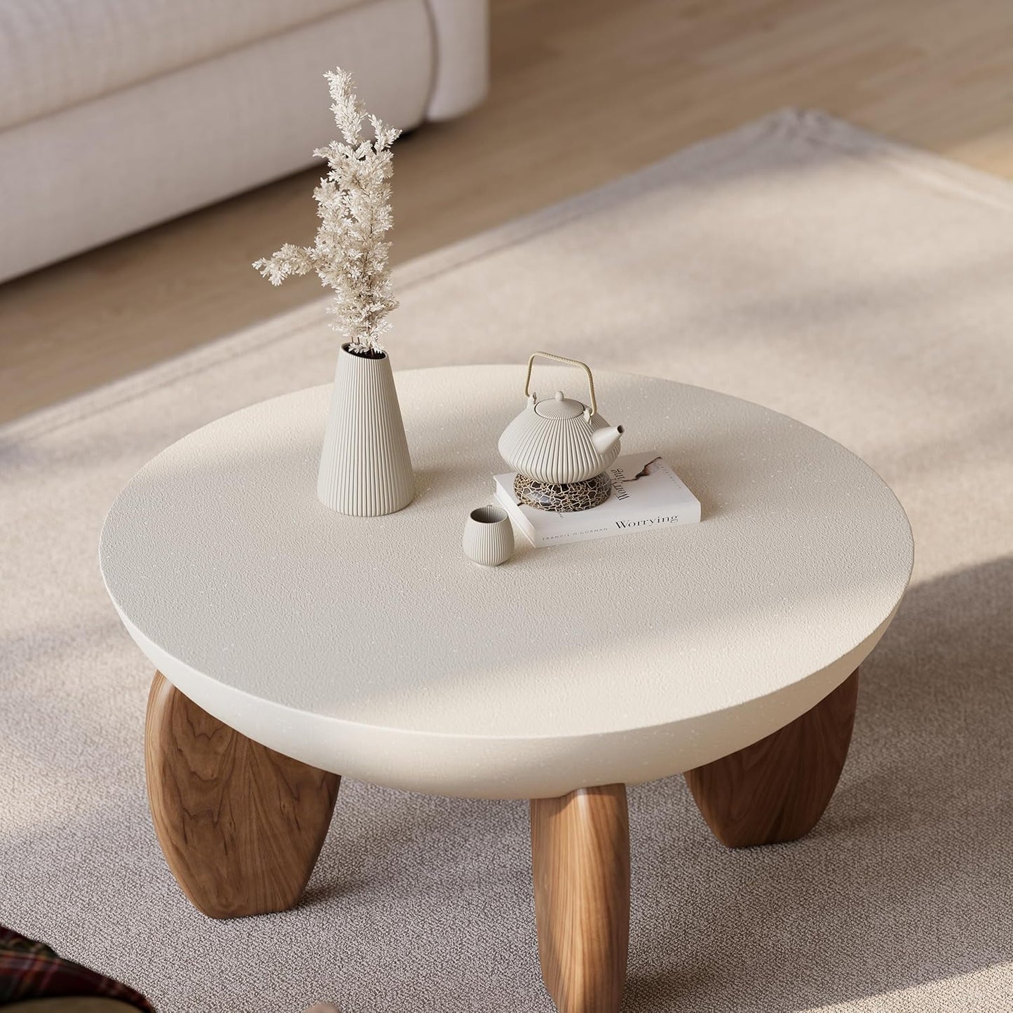 round Concrete Coffee Table with Premium Walnut Ash Wood Legs, Modern Minimalist Cement Finish Center Table for Living Room